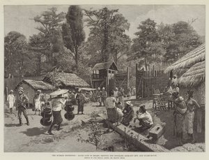 Die Burmah-Expedition, Südtor von Bhamo, zeigt die Palisade, das Wachhaus und den Aussichtsturm
